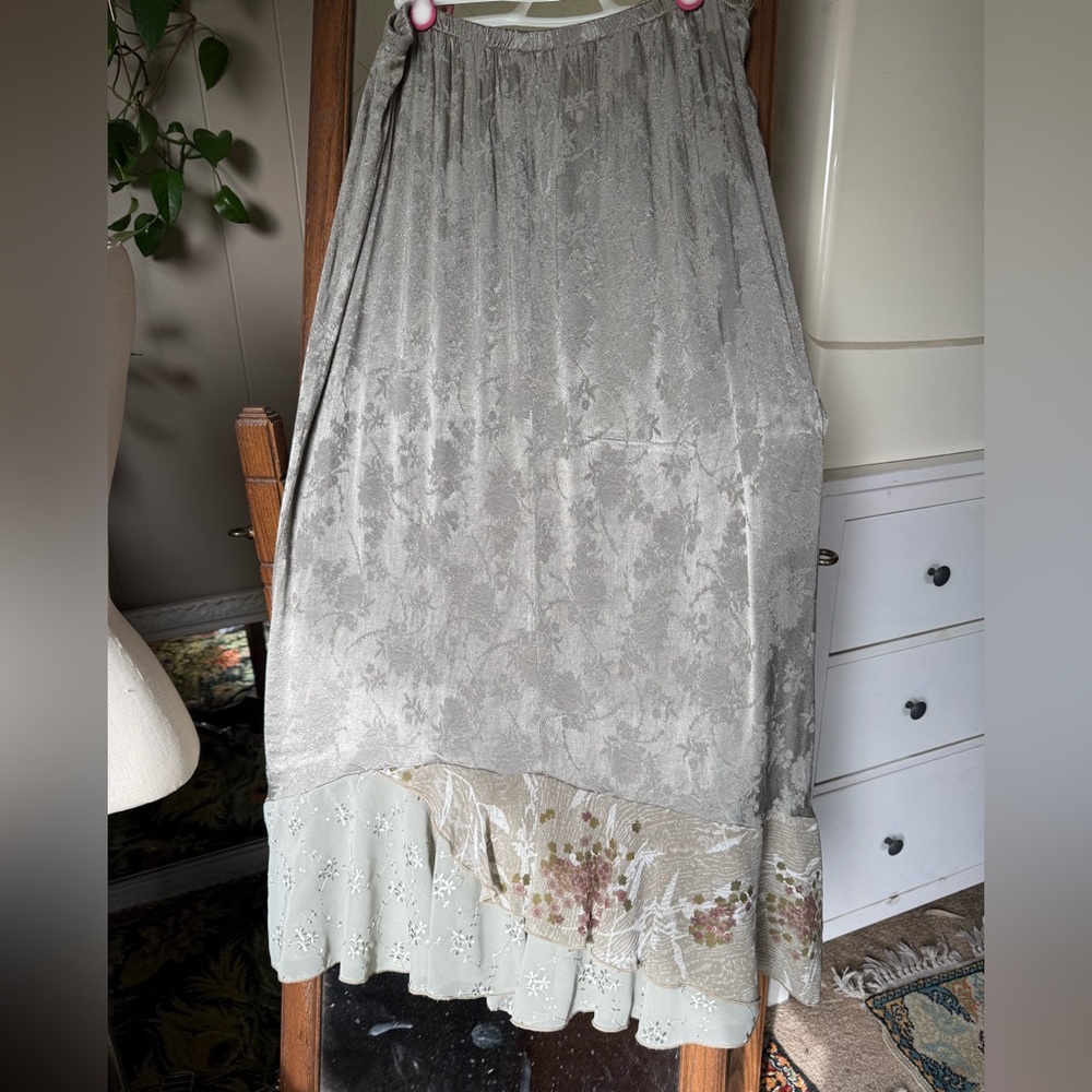 Light Sage Tonal Floral Satin Maxi Skirt with Embroidered Layered Ruffle,plus 3X - Picture 2 of 11